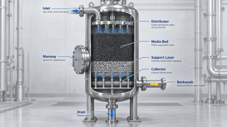 Engineering cutaway of a water treatment filter vessel showing inlet distribution, media bed, support layer, collector, backwash flow and maintenance access
