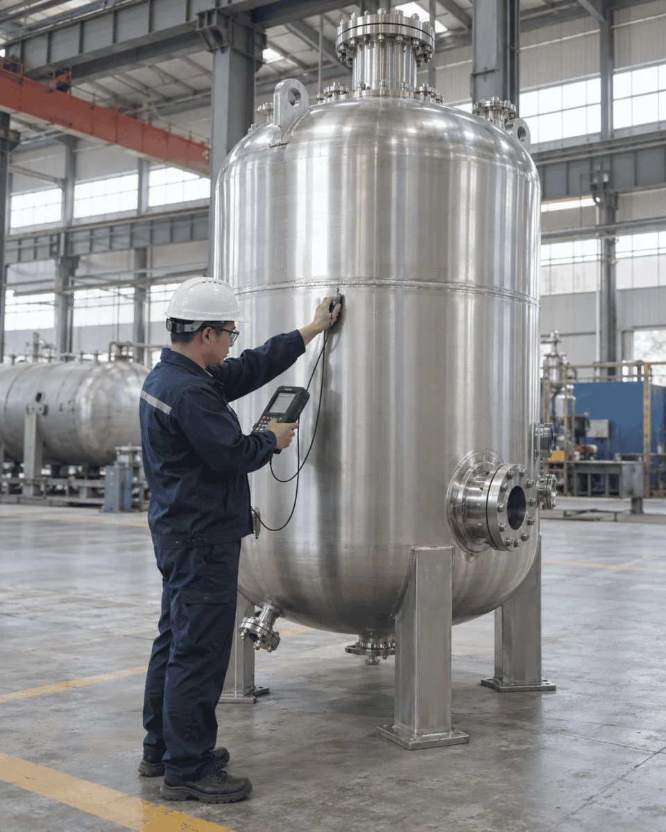 High pressure reactor fabrication and ultrasonic inspection in a pressure vessel workshop