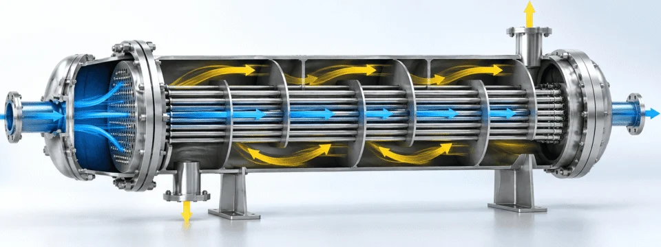 Shell and tube heat exchanger internal flow path showing tube-side and shell-side fluid allocation