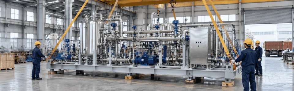 Process skid system prepared for transport and installation with lifting points and factory handling access