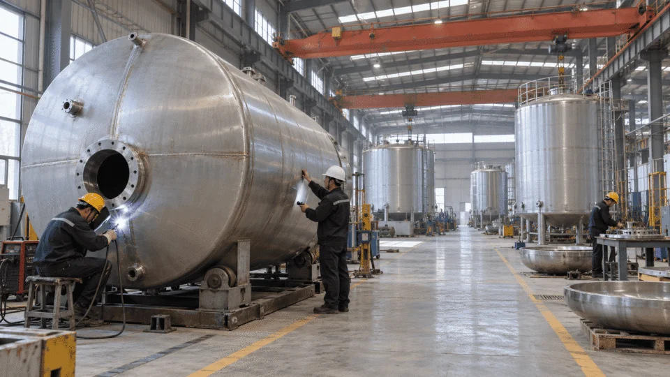 Stainless steel storage tank fabrication and quality control in a large industrial workshop