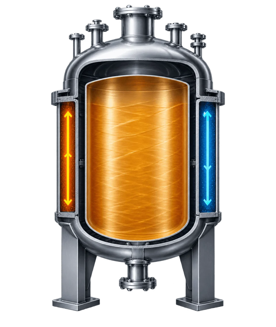 Jacketed pressure vessel cutaway showing heating and cooling flow