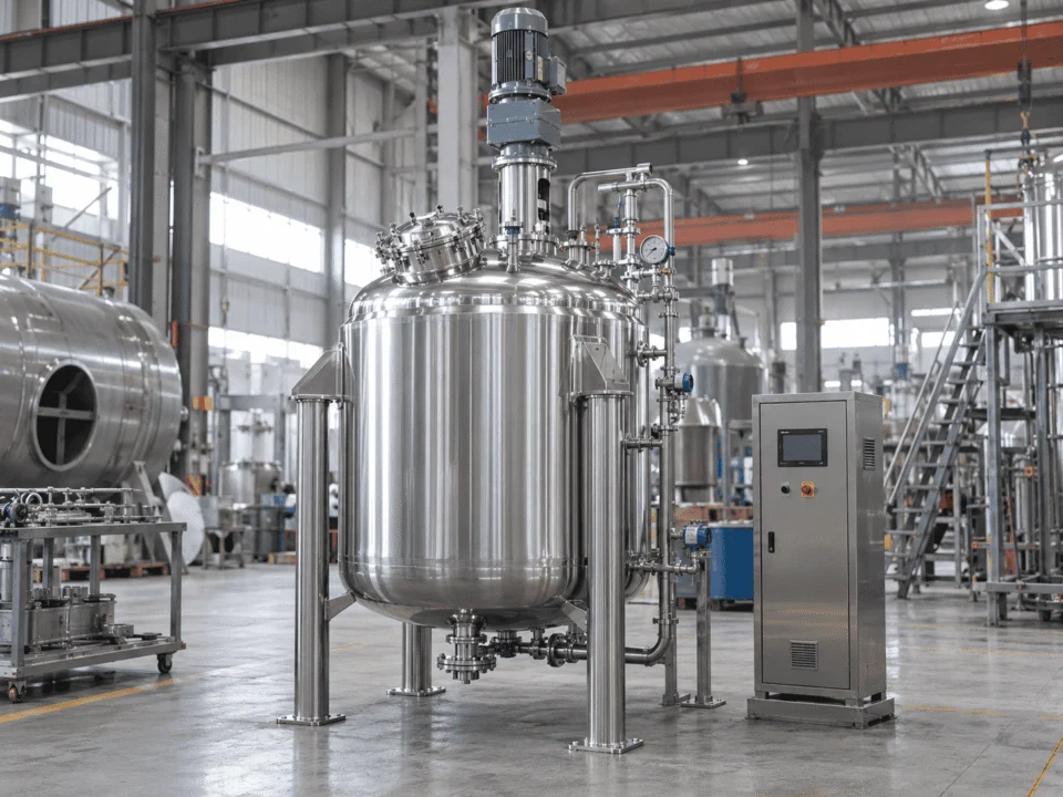 Custom industrial chemical reactor with agitation and jacketed vessel construction