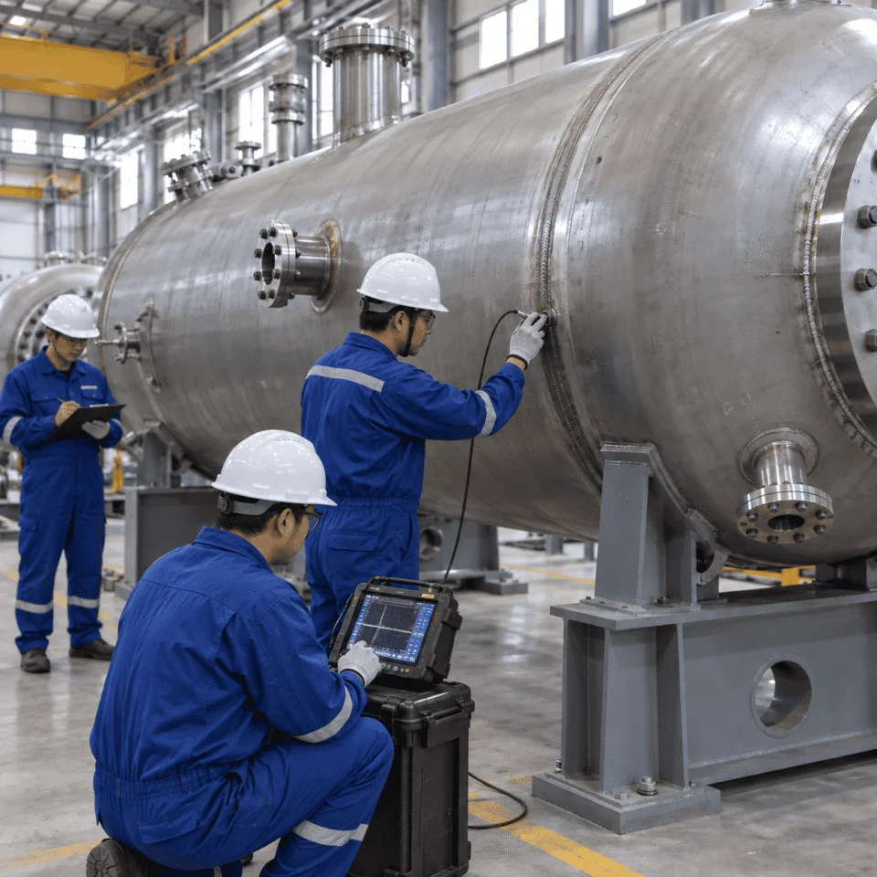 Nondestructive examination of pressure vessel welds in fabrication workshop