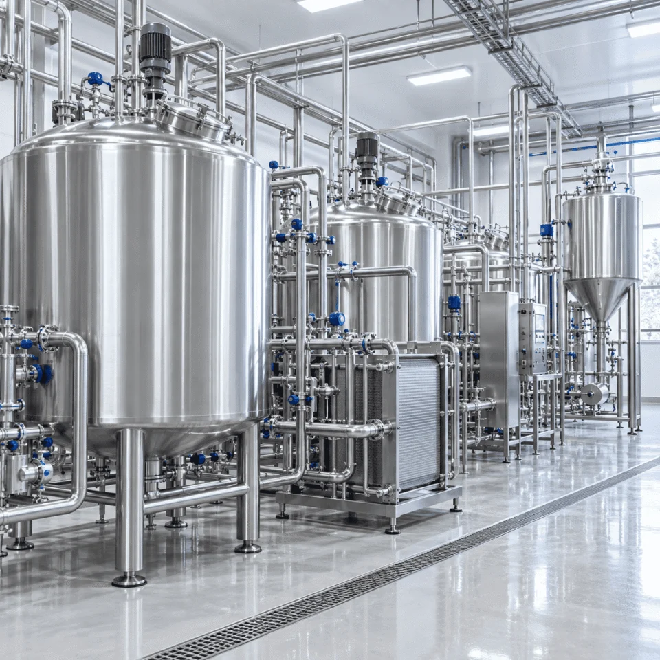 Stainless steel dairy processing equipment for milk storage, mixing, heating and cooling