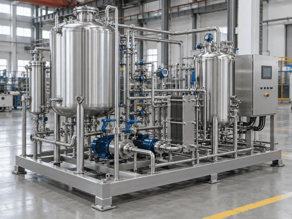Integrated process skid system showing vessels, piping, pumps, valves and instrumentation