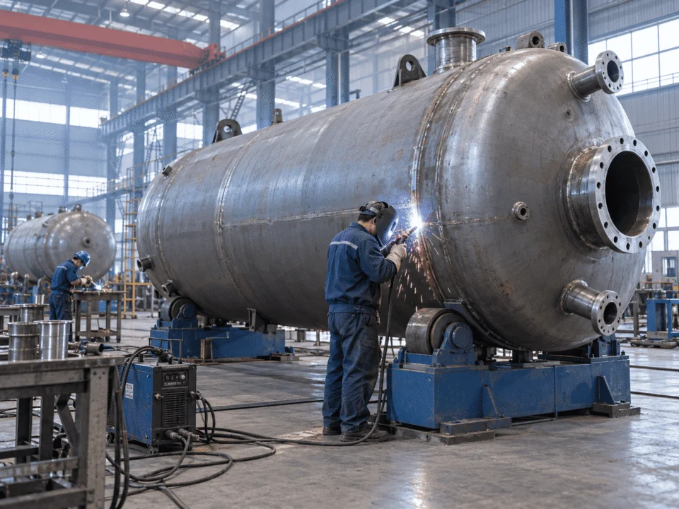 Pressure vessel fabrication and welding in a manufacturing workshop