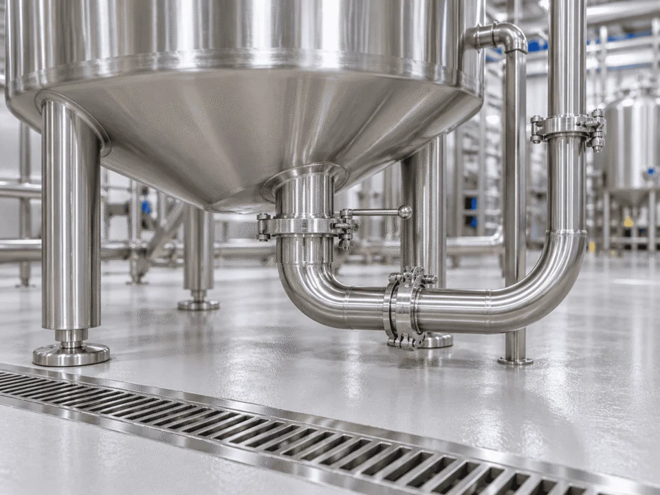 Stainless steel vessel hygienic outlet, sanitary piping and drainage detail for food and beverage processing