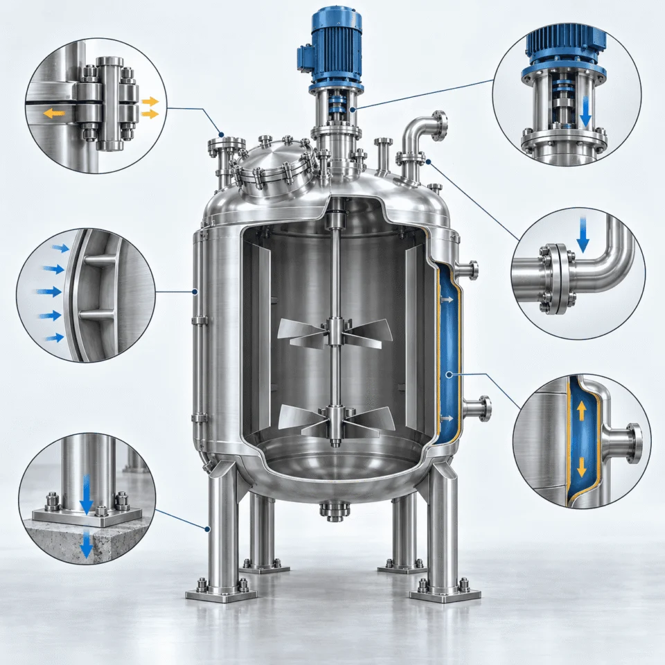 Stainless steel reactor pressure, vacuum and mechanical design cutaway illustration