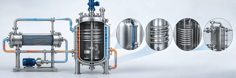 High pressure reactor thermal management with jacket, internal coil and external circulation heat exchanger