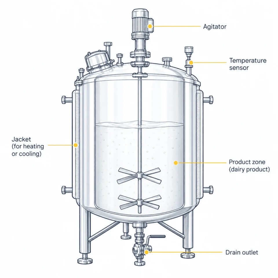 Dairy process vessel line drawing showing agitator, temperature sensor, heating and cooling jacket, product zone and drain outlet